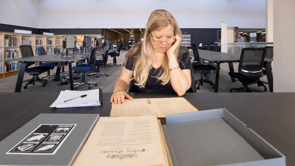 Julie Raffaele - Battye Fellow on Level 3 of State Library of Western Australia