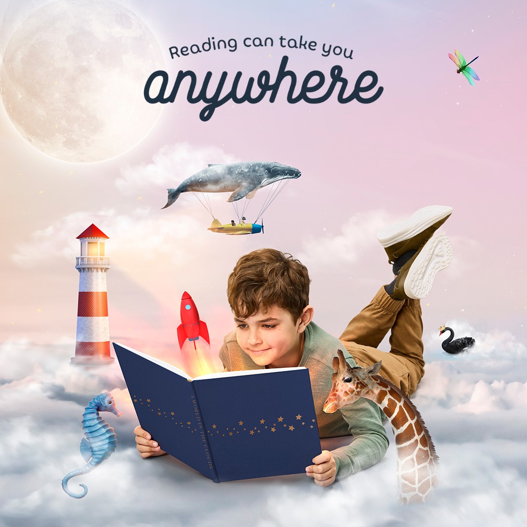 Premier's Reading Challenge hero image of boy reading book in the sky