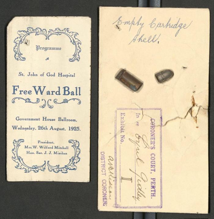 Programme from the Government House Ball and the spent cartridge used in the murder of Cyril Gidley SROWA from
