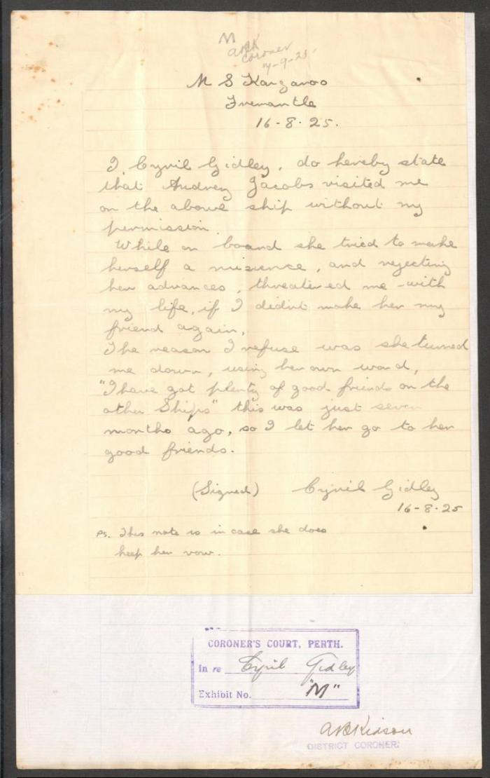 Letter written by Cyril Gidley stating threats made against his life by Audrey Jacob 