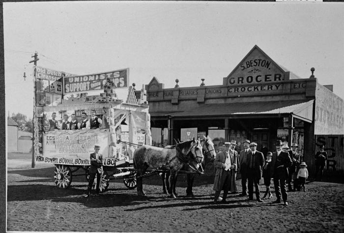 062236PD Parade float for the Eastern Goldfields Shop Assistants  Warehouse Employees Industrial Union of Workers in Forrest St Boulder outside S Bestons store ca1908 1 URL