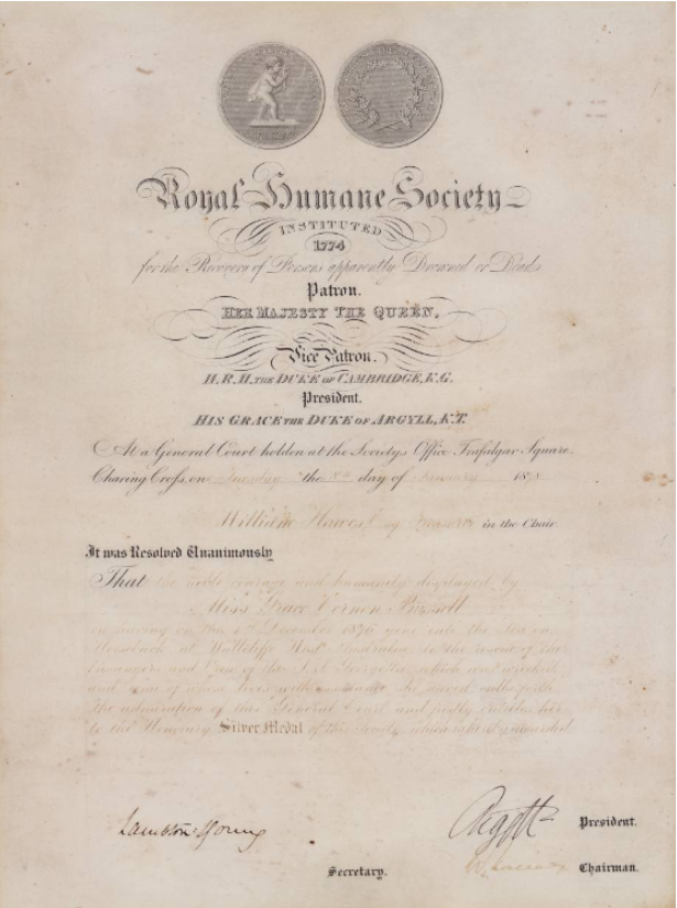 Certificate presented to Grace Vernon Bussell 8 January 1878 for her Georgette rescue work
