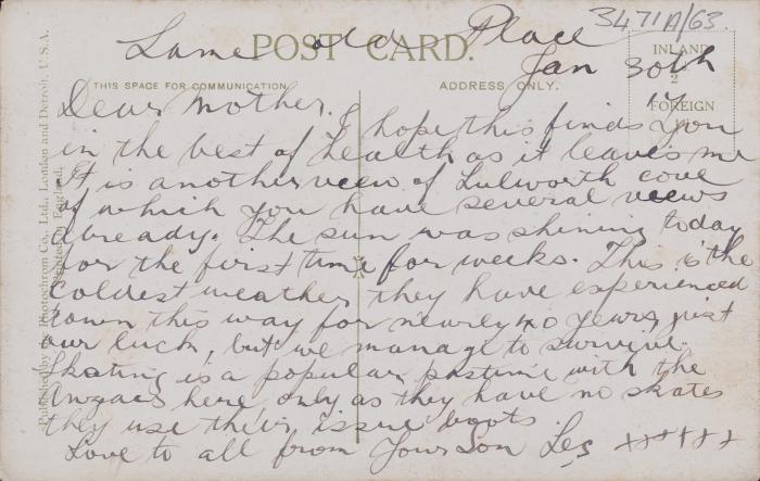 Back of Postcard of Lulworth Cove sent from Wareham 30 Jan 1917
