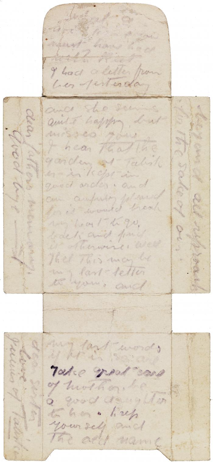 Letter from Gallipoli written by JFW MacLeod on cigarette packet back June 1915