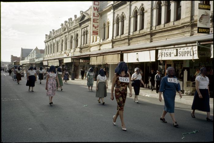 Union of Australian Women protesting US military bases in Australia May Day procession Fremantle 1962