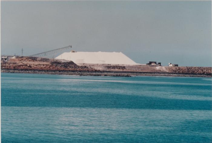 Dampier Salt stockpile at Dampier seen from East Intercourse Island December 1977