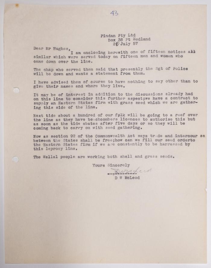 Letter from Don McLeod to Pindan Pty Ltd 1957