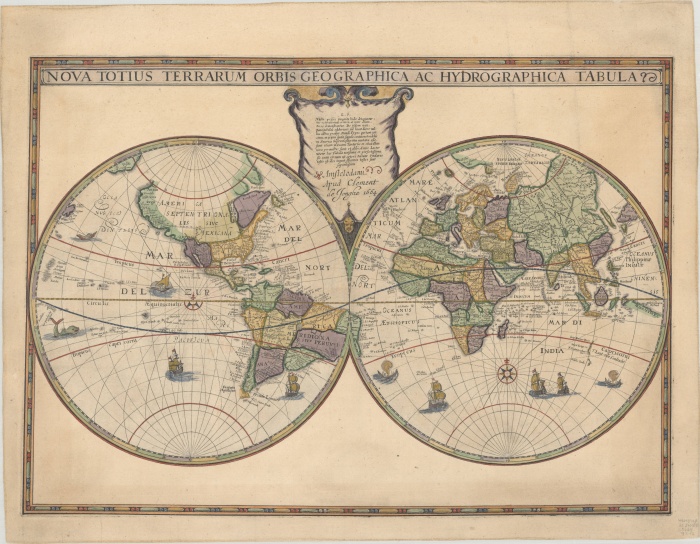 Hondius World Map by Jodocus Hondius 1594-1629 issued 1664