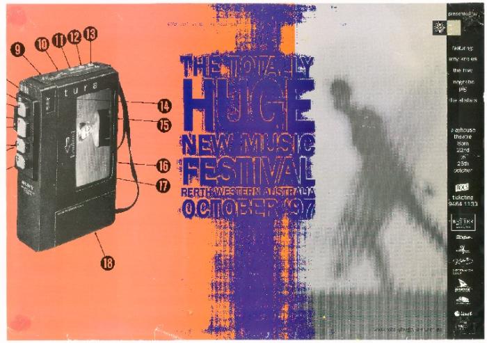Event poster for the first Totally Huge New Music Festival Playhouse Theatre 22-25 October 1997