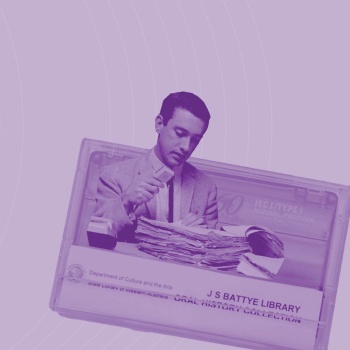 A cassette tape labelled JS Battye Library Oral History Collection with a man reading an old book superimposed upon it