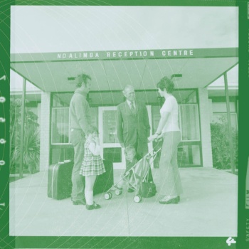 327458PD A migrant family arrive at Noalimba Reception Centre 30 May 1974
