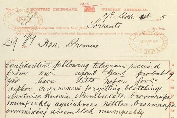 One of the coded telegrams sent to the Colonial Secretary about the expected war with Russia