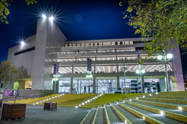 Front of Library building at night