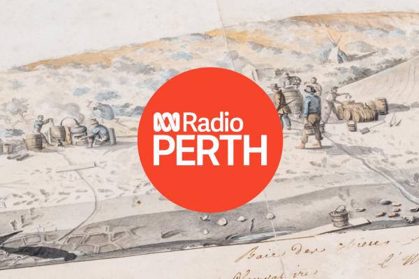 ABC Radio Perth logo and Watercolour and ink drawing of Shark Bay by J Alphonse Pellion