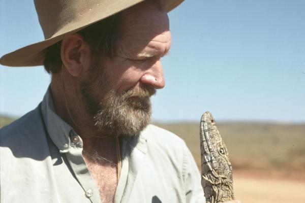 Harry Butler with a goanna Barrow Island 1979