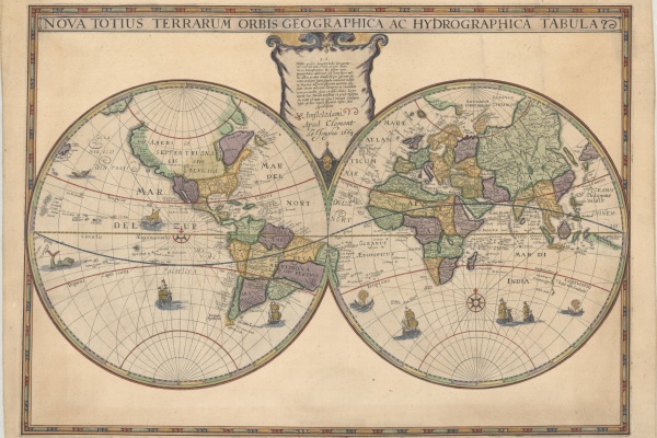 Hondius World Map by Jodocus Hondius 1594-1629 issued 1664