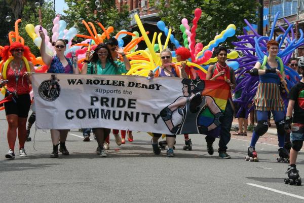 WA Roller Derby marching in Perth Pride Parade 2013