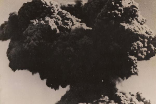 Photo from scrapbook of Montebello nuclear explosion in 1952 from 10 miles away
