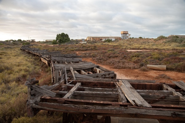 Remnants of wooden tram trays adjacent to One Mile Jetty Carnarvon 2021
