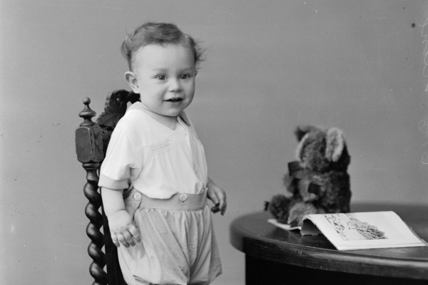 Studio portrait of toddler Master Kline with his toy koala Kalgoorlie 1930s