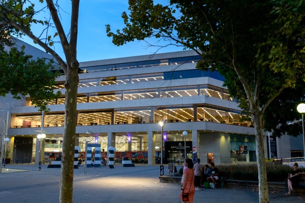 Exterior of State library at dusk