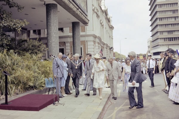 Prince Charles accompanied by Lord Mayor FC Chaney and the official party walks from the Esplanade to the statue next to the Town Hall in Barrack Street in 1979