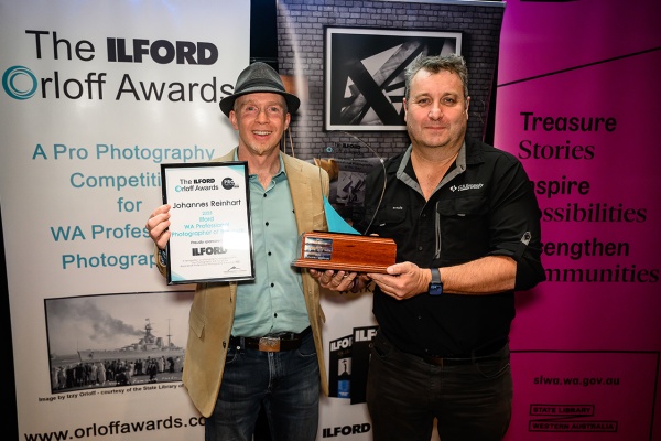 Johannes Reinhart winner of the 2025 Ilford WA Professional Photographer of the Year and Fine Art Photographer of the Year with Kym Peacock National Sales Manager Ilford Professional Imaging
