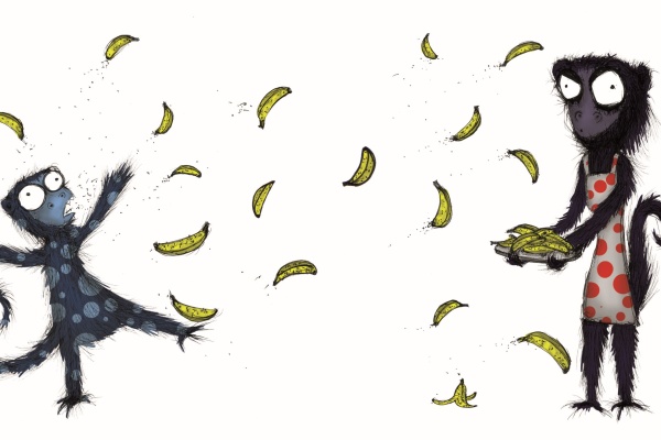 Digital illustration of monkey Mum child and bananas 