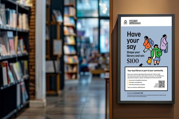 A poster on the side of bookshelves in a local library reads Have your say