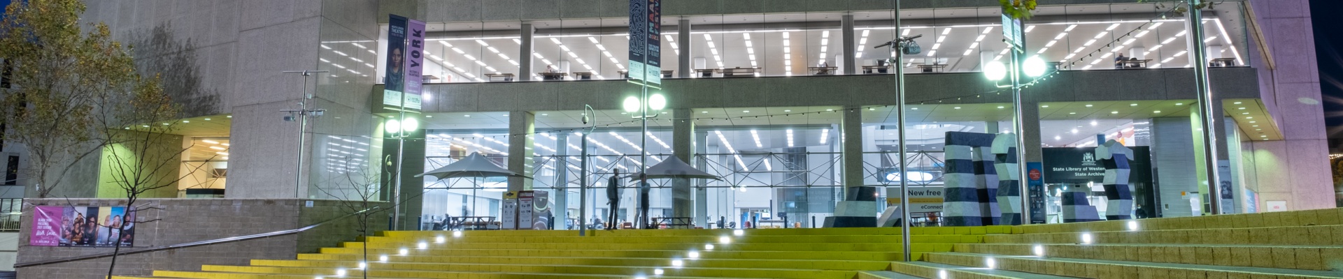 Front of Library building at night