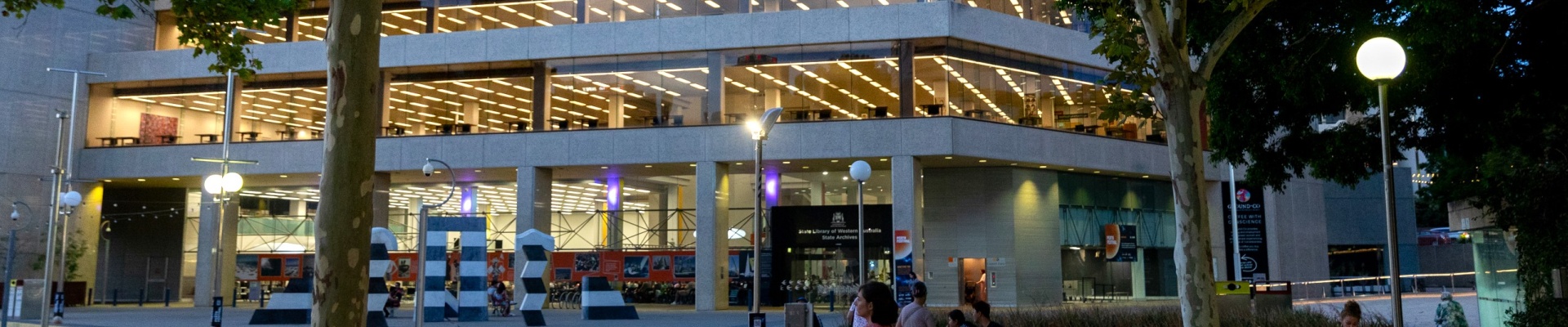 Exterior of State library at dusk