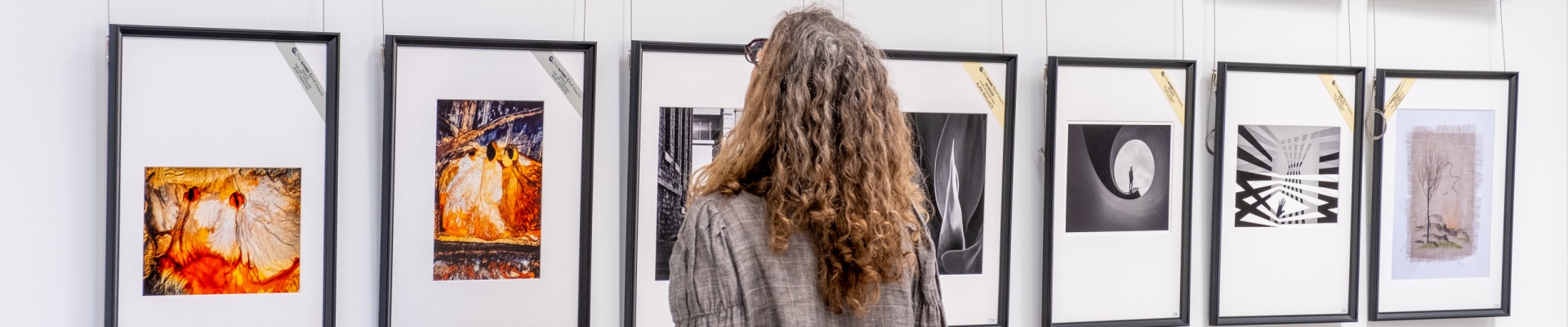 Person looking at photographs in the 2024 Ilford Orloff Awards exhibition