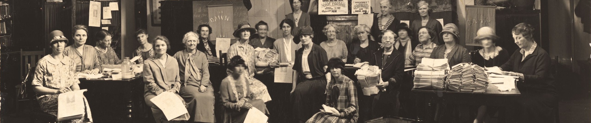 Members of the Womens Service Guilds wrapping the Dawn newspaper at their headquarters at Viking House William Street Perth Western Australia ca 1925
