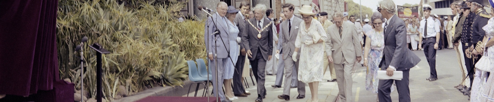 Prince Charles accompanied by Lord Mayor FC Chaney and the official party walks from the Esplanade to the statue next to the Town Hall in Barrack Street in 1979