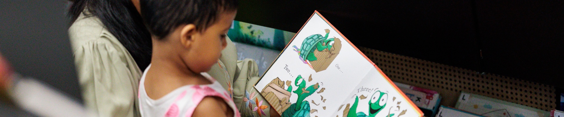 Mother and child looking at  book at the Ruth Faulkner Library in Belmont 2026