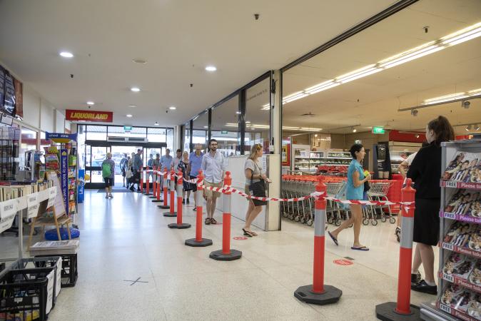 Social distancing is enforced at Coles North Perth supermarket during the COVID-19 pandemic 9 April 2020