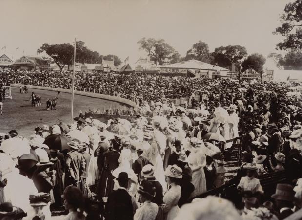 Perth Royal Show on opening day showing the attendance and the grand parade of stock 20 October 1908 
