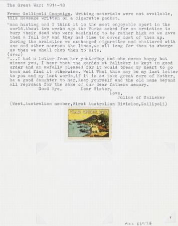 Transcript of letter from Gallipoli written by JFW MacLeod written on cigarette packet