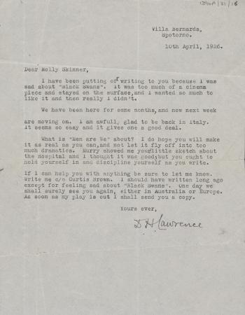 DH Lawrence letter to Mollie Skinner 10 April 1926