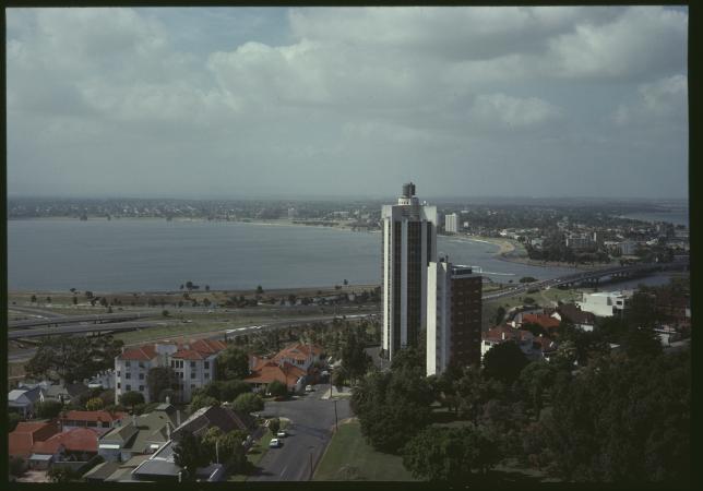 Elevated view of Mount Eliza Apartments and West Perth from the north toward the Swan River and South Perth Western Australia 3 March 1980