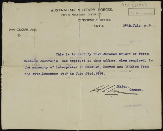 Letter from the Australian Military Forces confirming Izzy Orloffs employment as an interpreter 25 July 1919
