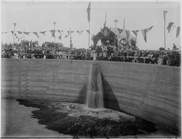 Water entering Mt Charlotte Reservoir at the opening of the Goldfields Water Supply Scheme 24 January 1903ring Mt Charlotte Reservoir at the opening of the Goldfields Water Supply Scheme 24 January 1903