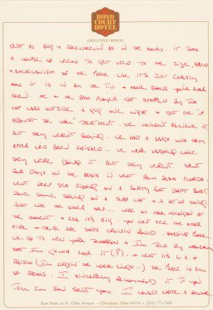 Handwritten and signed letter and envelope to Mary Walton in Richmond Victoria from Bon Scott Bond Court Hotel Cleveland Ohio Aug 1977