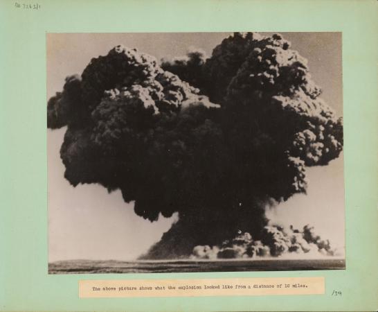 Photo from scrapbook of Montebello nuclear explosion in 1952 from 10 miles away