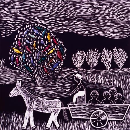Laurel nannup artwork of people in a horse and dart with a tree behind covered in lollies