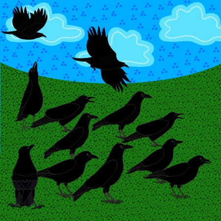 Crow Clan Gathers illustration from the book Crow Baby by Helen Milroy