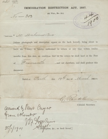 Mahomed Bux Immigration certificate 1900