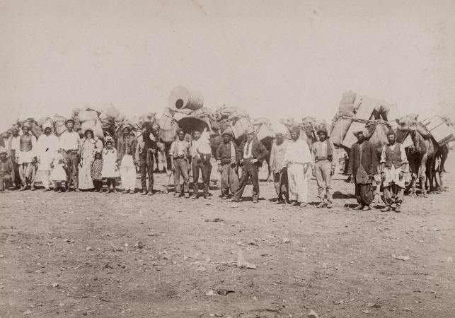 Packed camel train with Afghan cameleers and their families near Coolgardie c1895