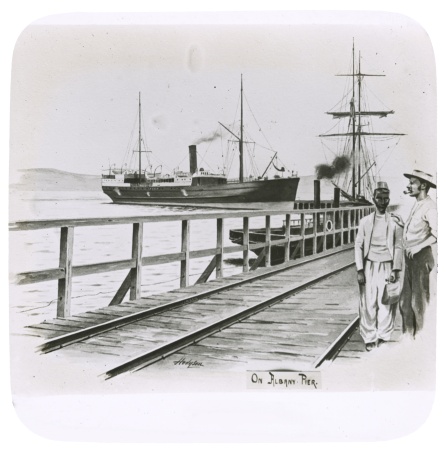 Drawing of two steamships at an Albany jetty with a European and an Afghan man c1895