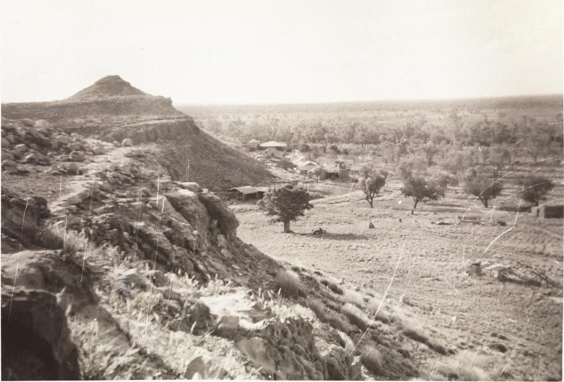 Looking west towards the billabong from a rocky outcrop near the homestead at Gogo Station ca 1957-1958